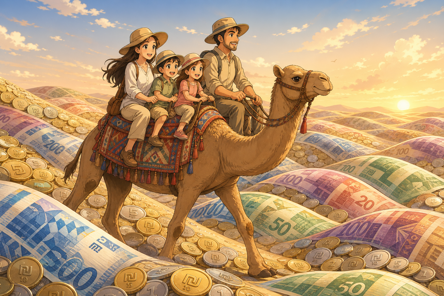 משפחה עם שני ילדים רוכבת על גמל בין דיונות של כסף ישראלי